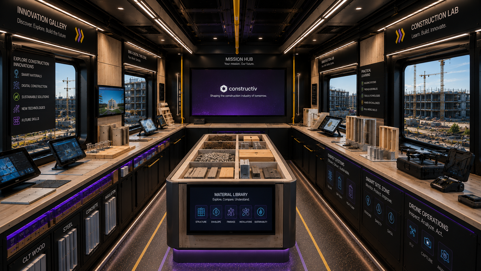 Het interieur van de Construbus tijdens de beleving